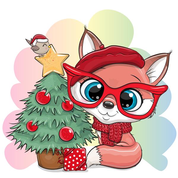 کارت تبریک روباه کارتونی ناز با هدیه و درخت کریسمس