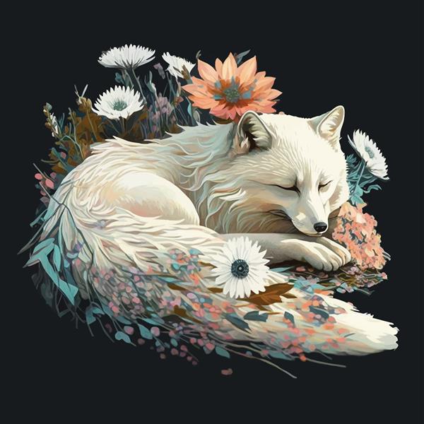 تصویر روباه ناز با گل در پس زمینه تیره