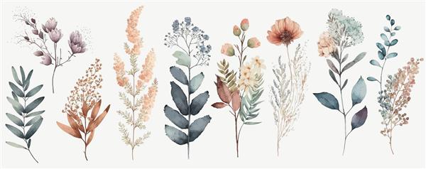 حداقل عناصر قاب عروسی گیاه شناسی در زمینه سفید چیدمان آبرنگ با گل کوچک بردار