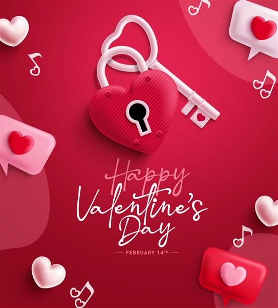 طرح وکتور روز ولنتاین مبارک متن روز ولنتاین با عناصر نماد عشق قفل و کلید تصویر وکتور کارت پستال پس زمینه قرمز