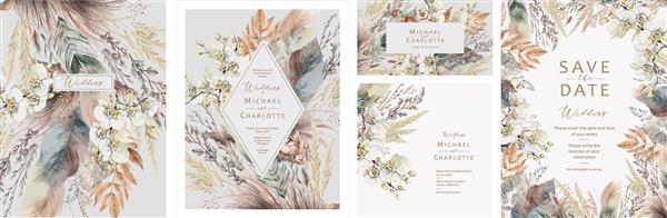 دعوتنامه عروسی به سبک بوهو تاریخ را ذخیره کنید وکتور گیاهان برگ و گل های زیبای آبرنگ برای کارت های تبریک مدرن زیبا تبریک در رنگ های خاموش