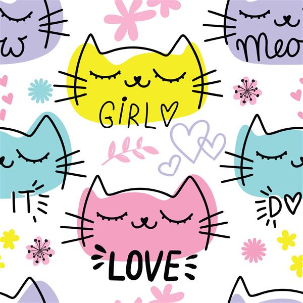 الگوی بدون درز با گربه های کارتونی و قلب و شعار پس زمینه بافت زیبا کاغذ دیواری دخترانه سبک مد