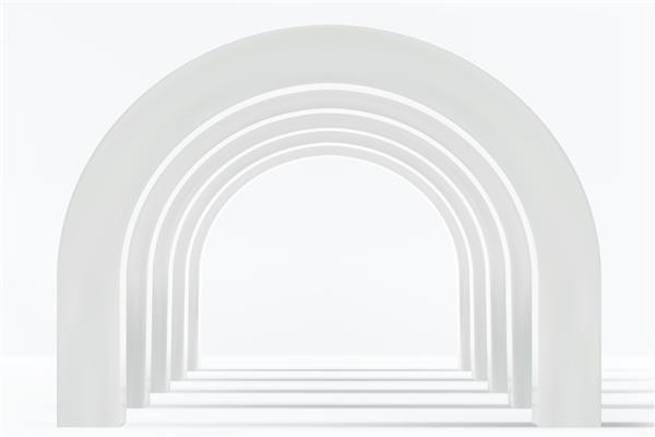 راهروی خالی از چندین طاق گرد سفید در پرسپکتیو با کف سفید و سایه‌ها حداقل پس زمینه معماری انتزاعی تصویر برداری از طاق نما داخل داخلی