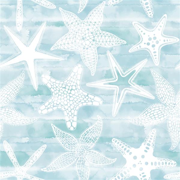 ستاره دریایی در پس زمینه آبرنگ آبی الگوی برداری بدون درز مناسب برای کاغذ دیواری بسته بندی پارچه و پارچه