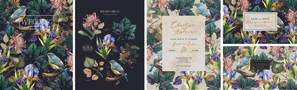 دعوت عروسی تصاویر وکتور گل گیاه الگوی گل برگ پرنده زنبق برای کارت تبریک بروشور یا قاب