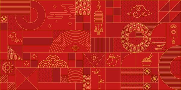 الگوی هندسی چینی زیورآلات لاکچری آسیایی طلایی قرمز پس زمینه شرقی ژاپنی موتیف خلاقانه وکتور شرقی الگوی تبریک سال نو بنر پوستر و تقویم