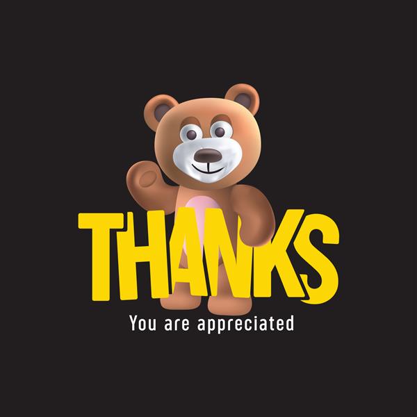 عروسک خرس ناز که تصویر وکتور شعار تشکر را در دست دارد در پس زمینه سیاه