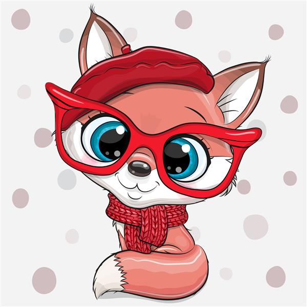 روباه کارتونی ناز با کلاه قرمز با عینک قرمز روی پس‌زمینه نقطه‌ای