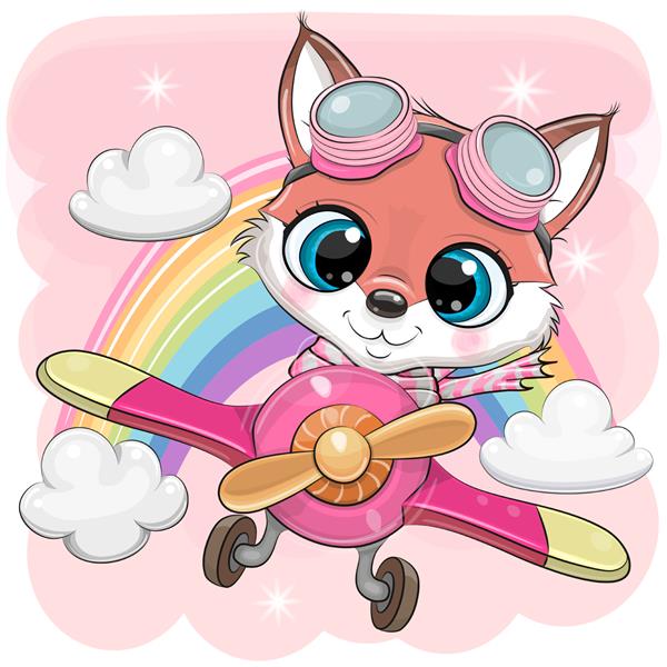 روباه کارتونی ناز در حال پرواز در هواپیما در زمینه صورتی است
