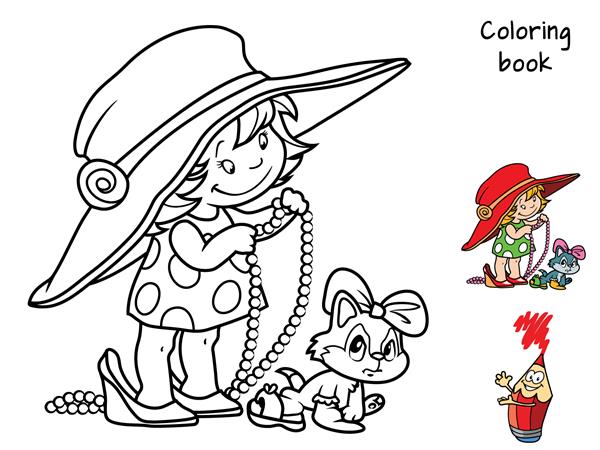 دختر بچه در حال بازی با گربه کتاب رنگ آمیزی تصویر برداری کارتونی