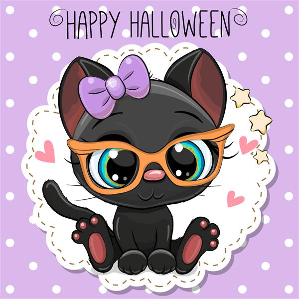 کارت تبریک هالووین کارتونی ناز بچه گربه سیاه با عینک