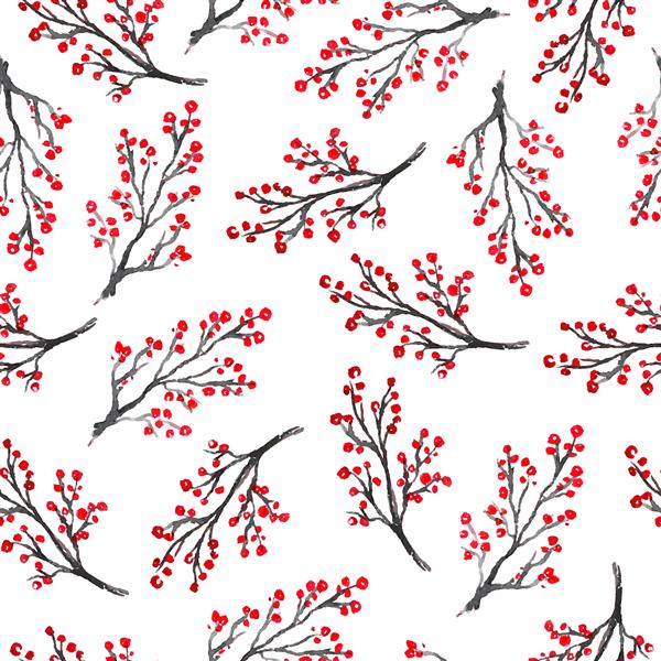الگوی بدون درز زیبا به سبک آبرنگ کاغذ رنگ قلم مو - شاخه هایی با انواع توت های روون در پس زمینه سفید - مفهوم زمستان کریسمس - تصویر برداری