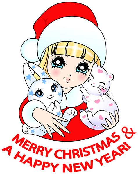 تصویر برداری از یک دختر انیمیشنی با لباس بابانوئل که یک بچه گربه و یک خرگوش را در آغوش گرفته است یک کتیبه در یک نیم دایره در پایین - کریسمس مبارک و سال نو مبارک