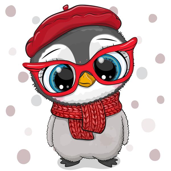 پنگوئن کارتونی ناز با کلاه قرمز با عینک قرمز روی پس زمینه نقطه