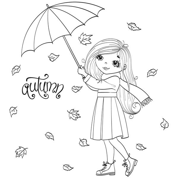 دختر پاییزی زیبا با چتر و برگ کشیده شده با دست تصویر برداری