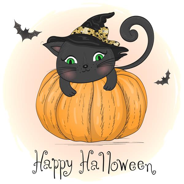 سر کدو تنبل ناز و گربه با کلاه سیاه کشیده شده با دست حروف هالووین مبارک تصویر برداری
