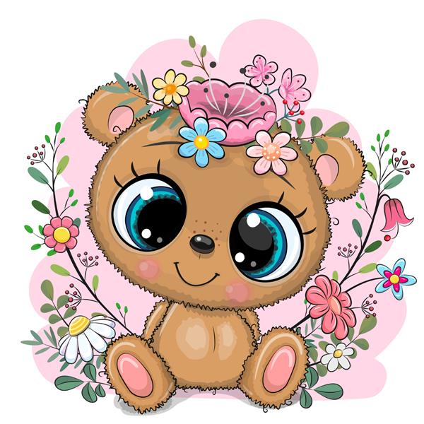 خرس عروسکی کارتونی زیبا با گل و شاخه