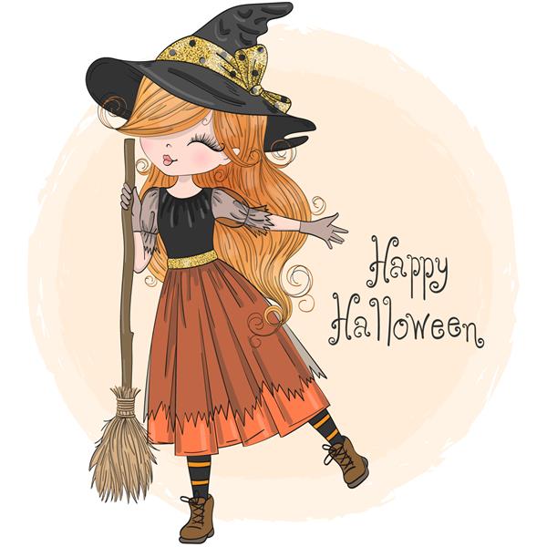 جادوگر دختر ناز هالووین با دست کشیده با چوب جارو تصویر برداری