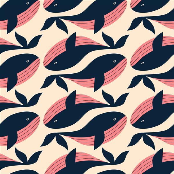 تصویر برداری دستی نهنگ های خلاقانه الگوی بدون درز حیوانات اقیانوسی زیبا برای پارچه یا کاغذ دیواری کودکان