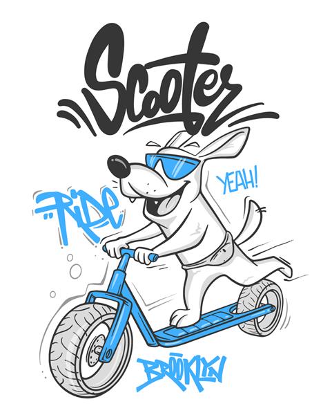 سگ کارتونی اسکوتر سواری وکتور طرح تی شرت