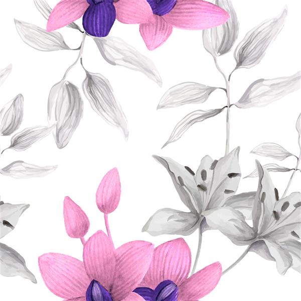 الگوی بدون درز گلدار آبرنگ با گل های ارکیده در پس زمینه سفید