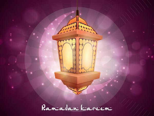 چراغ عربی منور با هلال ماه در زمینه بنفش براق برای ماه مبارک جامعه مسلمانان جشن رمضان کریم