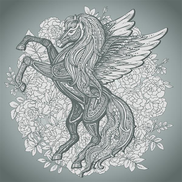 اسب بالدار اساطیری پگاسوس روی پس زمینه گل رز بوته ای کشیده شده است موتیف ویکتوریایی تصویر برداری جدا شده در سبک هنر خط