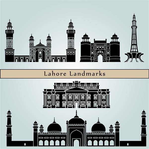 نشانه‌ها و بناهای تاریخی لاهور جدا شده بر روی پس‌زمینه آبی در فایل وکتور قابل ویرایش