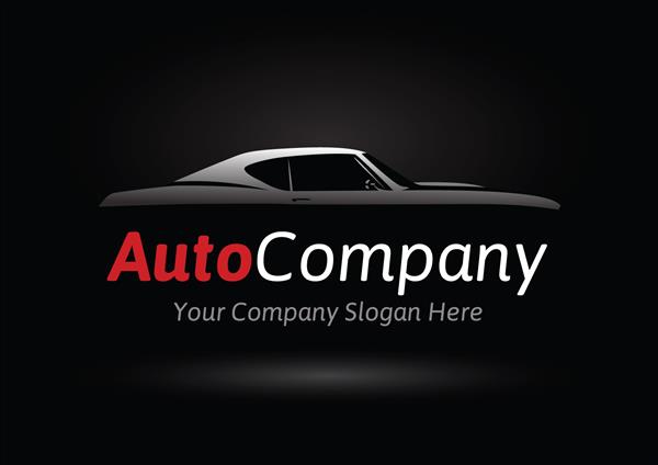 طرح مفهومی لوگوی شرکت خودرو با سیلوئت خودروی اسپرت کلاسیک آمریکایی در پس‌زمینه مشکی تصویر برداری