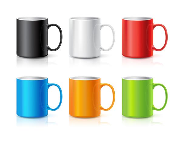 ست یا فنجان های قهوه یا چای واقع بینانه ایزوله شده روی پس زمینه سفید قالب طراحی برای ماکت آپ رنگ های سفید مشکی آبی سبز قرمز و نارنجی تصویر برداری