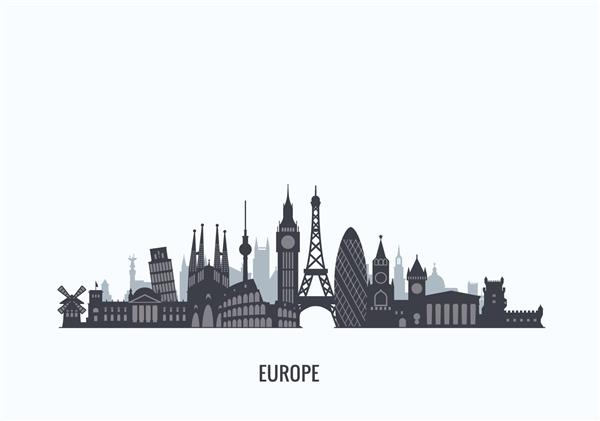 سیلوئت خط افق اروپا پیشینه سفر و گردشگری وکتور تصویر مسطح