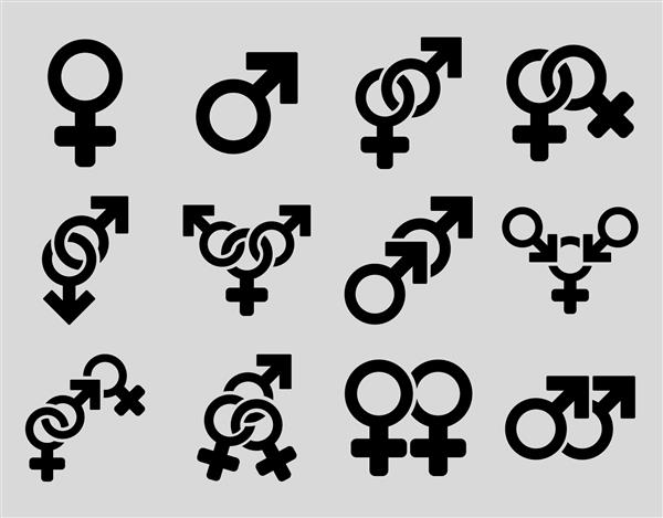 مجموعه آیکون های وکتور نمادهای رابطه جنسی سبک نمادهای مسطح مشکی است که روی پس‌زمینه خاکستری روشن جدا شده‌اند