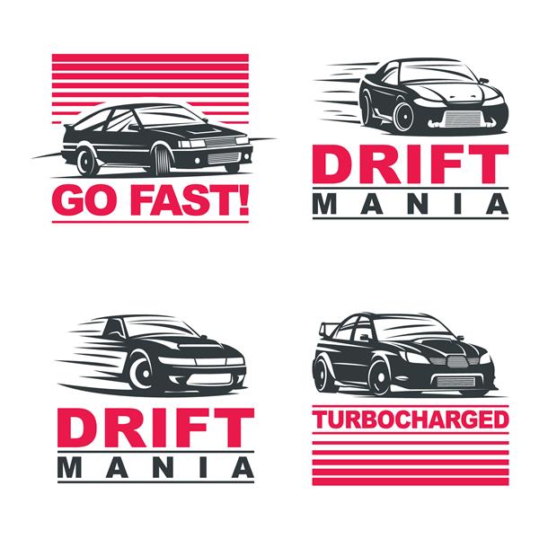 مجموعه ای از چهار لوگوی خودروهای اسپرت تصویر نشان روی پس زمینه سفید دریفت مسابقه درگ تیونینگ ورزش موتوری EPS 10