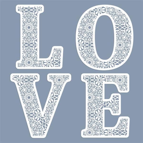 الگوهایی برای برش حروف کلمه عشق ممکن است برای برش لیزر استفاده شود حروف توری فانتزی بردار