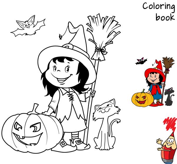 دختر جادوگر ناز با جارو کدو تنبل گربه سیاه عنکبوت و خفاش کتاب رنگ آمیزی تصویر برداری کارتونی هالووین