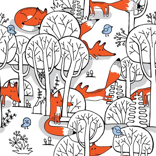 الگوی بدون درز با تصویر روباه کوچک و پرنده در جنگل تصویر برداری