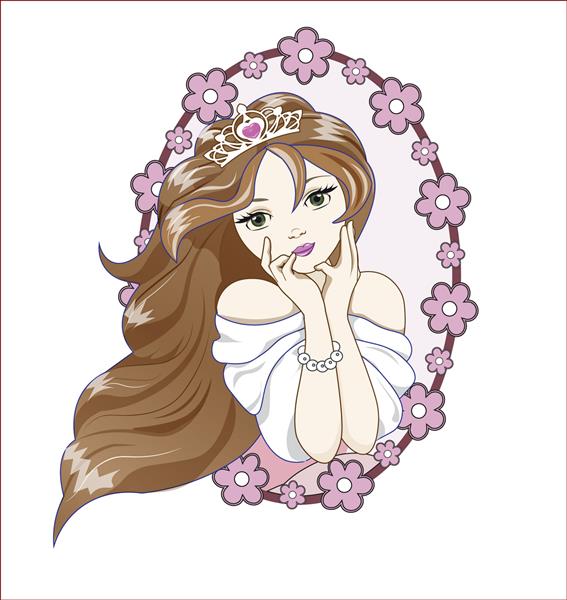 شاهزاده خانم زیبا در تاج رویاهای خود را در یک لباس صورتی در یک قاب گل می بیند