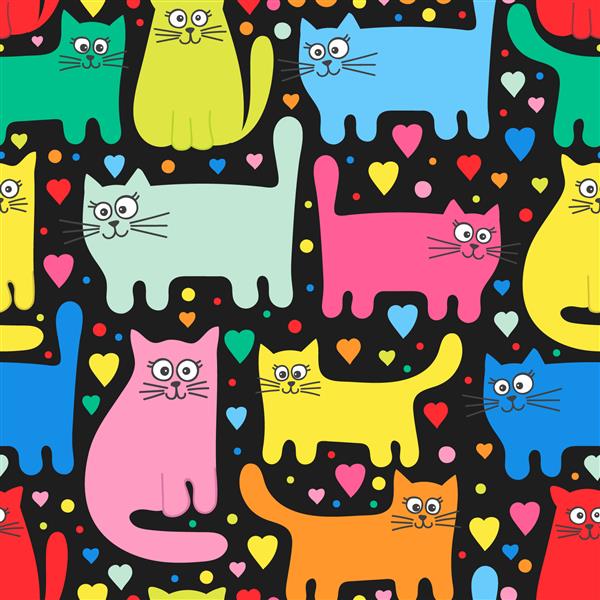 وکتور الگوی بدون درز با گربه های رنگارنگ بچه گربه ها و قلب های خنده دار طراحی کارتون دستی برای کودکان رنگ های روشن در زمینه مشکی