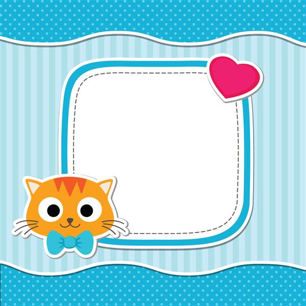 تصویر با گربه ناز و قلب برای پسر قالب وکتور با مکانی برای متن شما کارت برای حمام نوزاد اعلام تولد یا دعوت نامه تولد