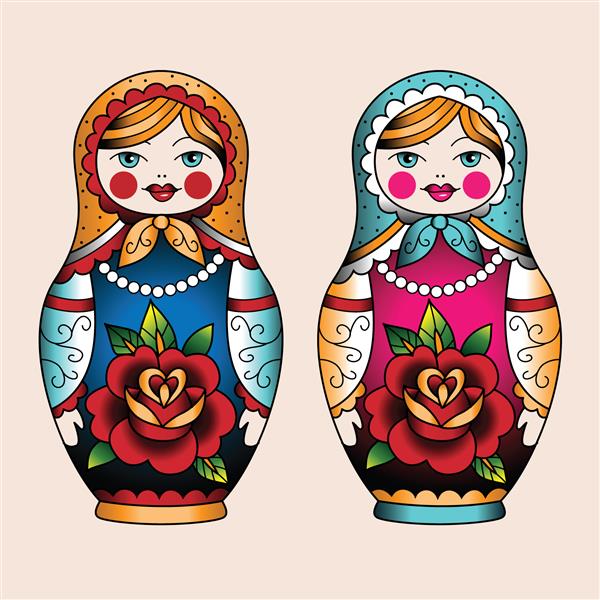 دو عروسک تودرتو روسی به سبک مدرسه قدیمی