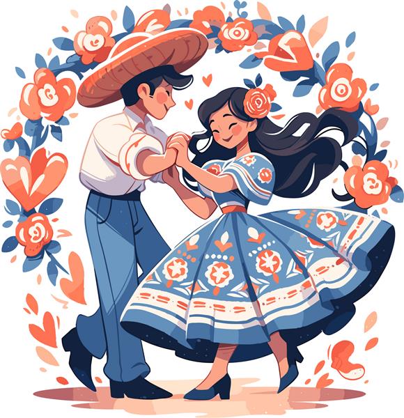 رقص زن و شوهر مکزیکی با لباس های محلی لباس بلند تصویر برداری جدا شده در پس زمینه سفید