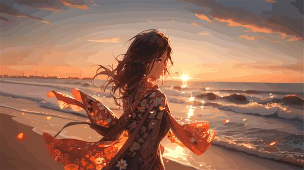 نمای نزدیک انیمه خانم ایستاده در دریا در ساعت طلایی زمان غروب آفتاب صحنه مالیخولیایی تصویر برداری