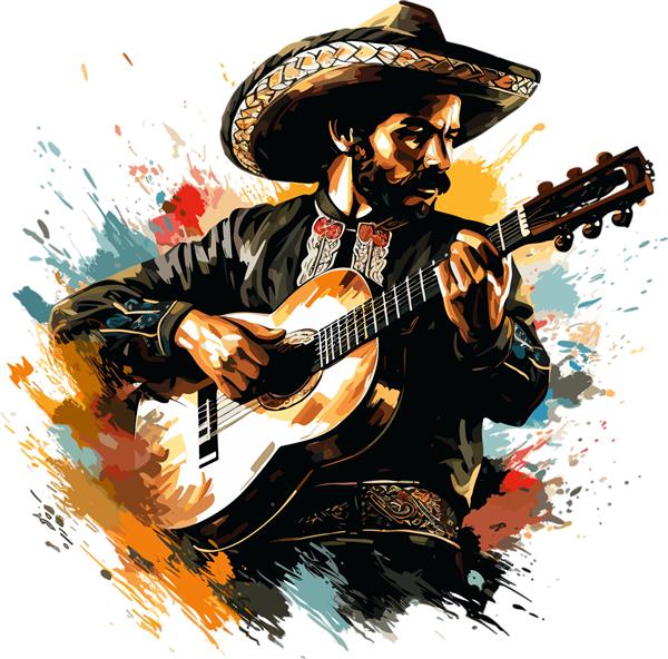 دامدار مکزیکی نمای جانبی نواختن گیتار با رنگ‌های قوی رنگارنگ تصویر برداری جدا شده در پس‌زمینه سفید