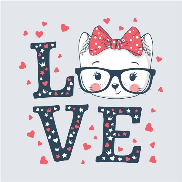 دختر گربه ناز شعار عشق تصویر برداری برای طراحی چاپ