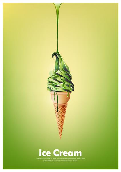 بستنی نرم سبز در مخروط پور شربت سبز آب شده لیمو لیمو و طعم چای سبز تصویر برداری