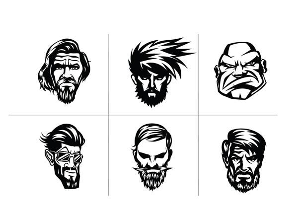 نماد آرایشگاه مجموعه استایل طرح گروه آواتار مدل مو ریش سبیل چهره مردانه هیپستر تصویر برداری