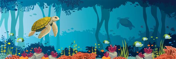 لاک‌پشت زرد صخره‌های مرجانی رنگارنگ ماهی‌ها و غار زیر آب در دریای آبی حیات وحش اقیانوس تصویر برداری پانوراما طبیعت