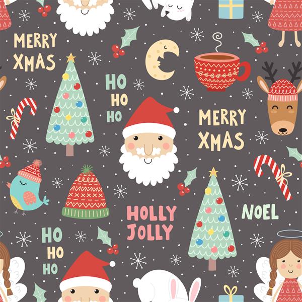الگوی بدون درز خنده دار کریسمس با بابا نوئل گوزن خرگوش فرشته ماه پرنده و درخت کریسمس پس زمینه زیبا تعطیلات زمستانی تصویر برداری