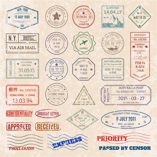 مجموعه وکتور تمبرهای پستی قدیمی از کشورهای سراسر جهان تصویر مهر پستی تحویل پست مختلف را تمبر می کند