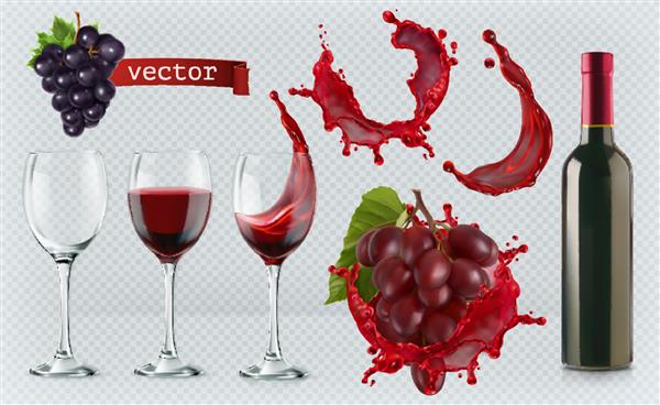 شراب قرمز لیوان بطری آب پاش انگور مجموعه آیکون های وکتور سه بعدی واقع گرایانه